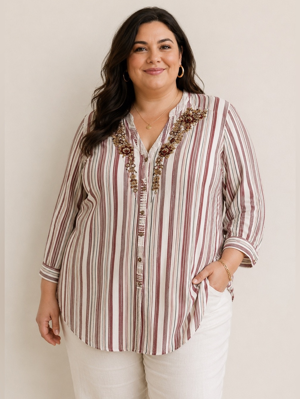 Soft Surroundings 3X Beaded Repose Berry‎ Stripe Tunic Rayon/ Linen